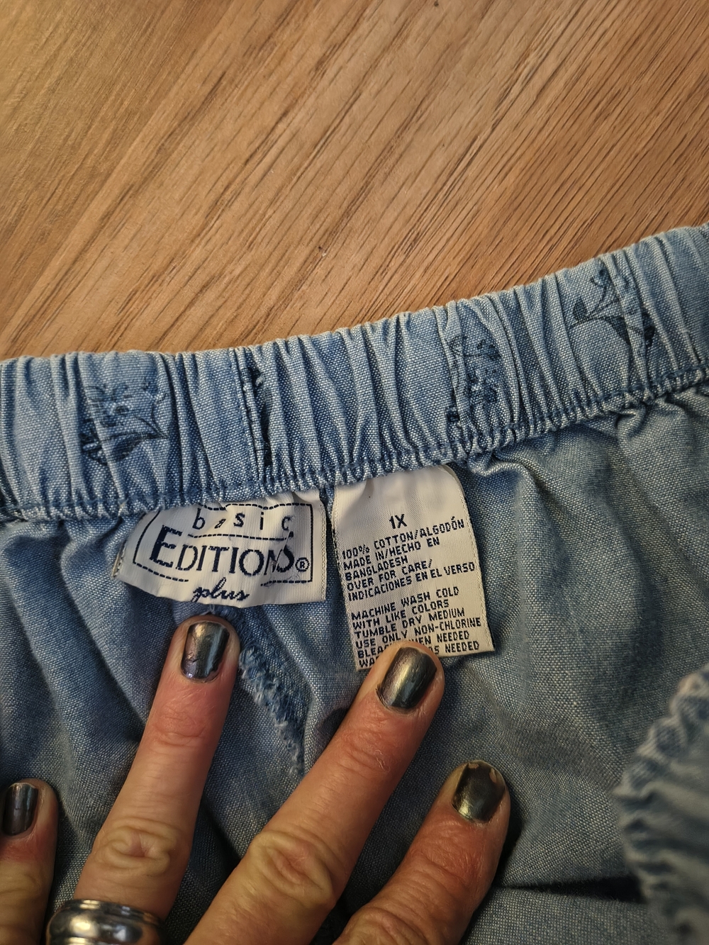 Basic Editions Light Blue Denim Jogger Pants with Navy Floral Accents - Picture 2 of 8